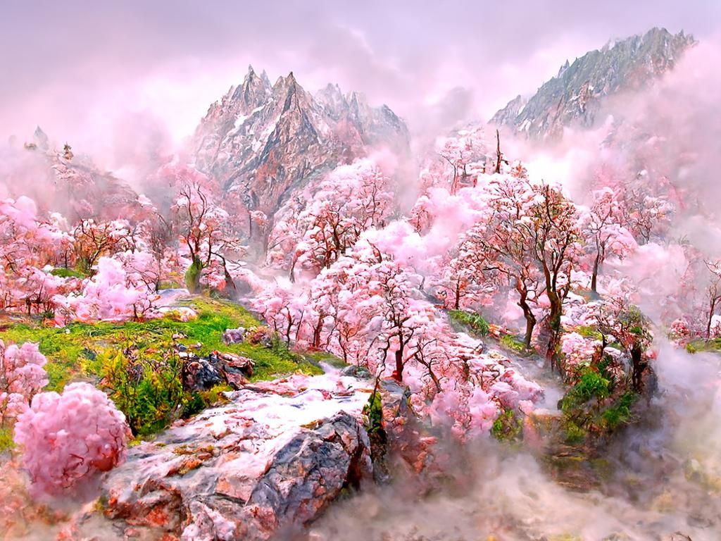 Pink Cherry Blossoms Surround Foggy Mountain in Ethereal Lan...