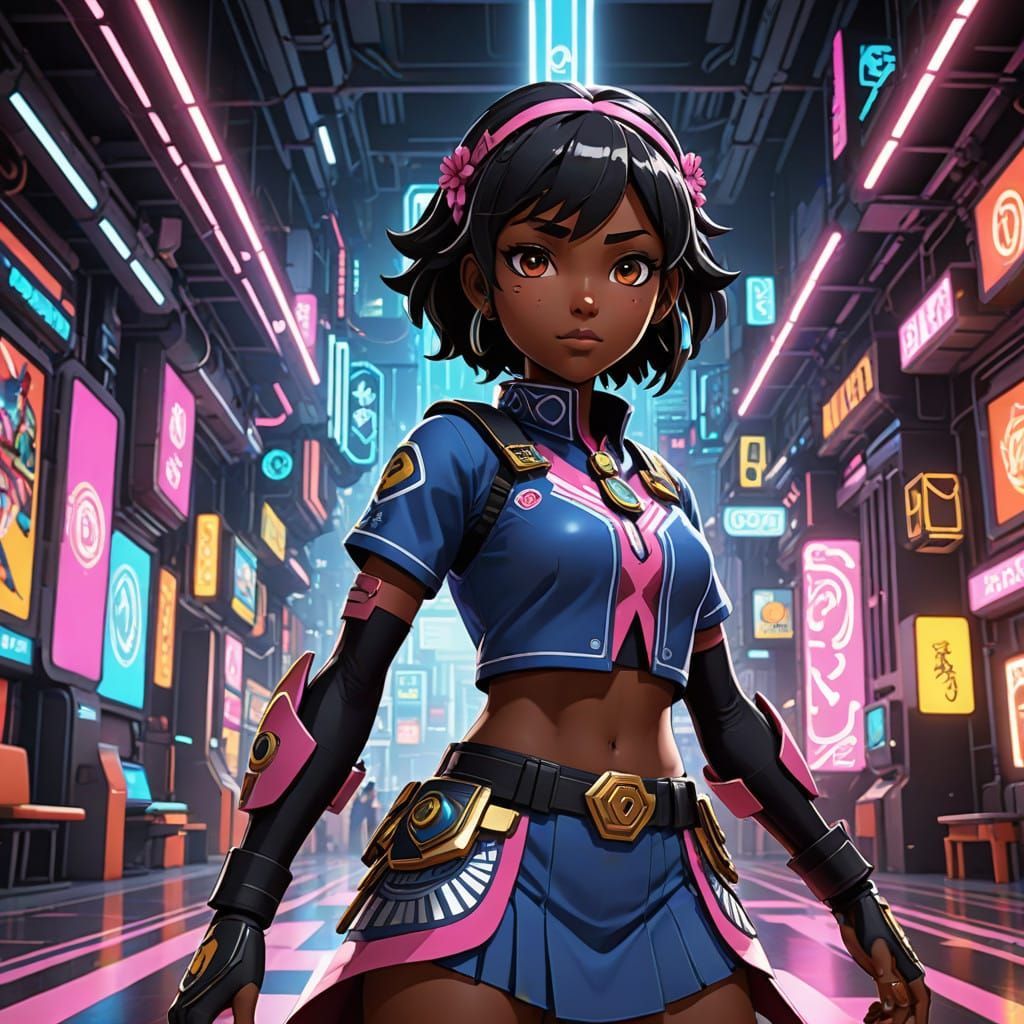Cyberpunk Schoolgirl Heroine in High-Tech World
