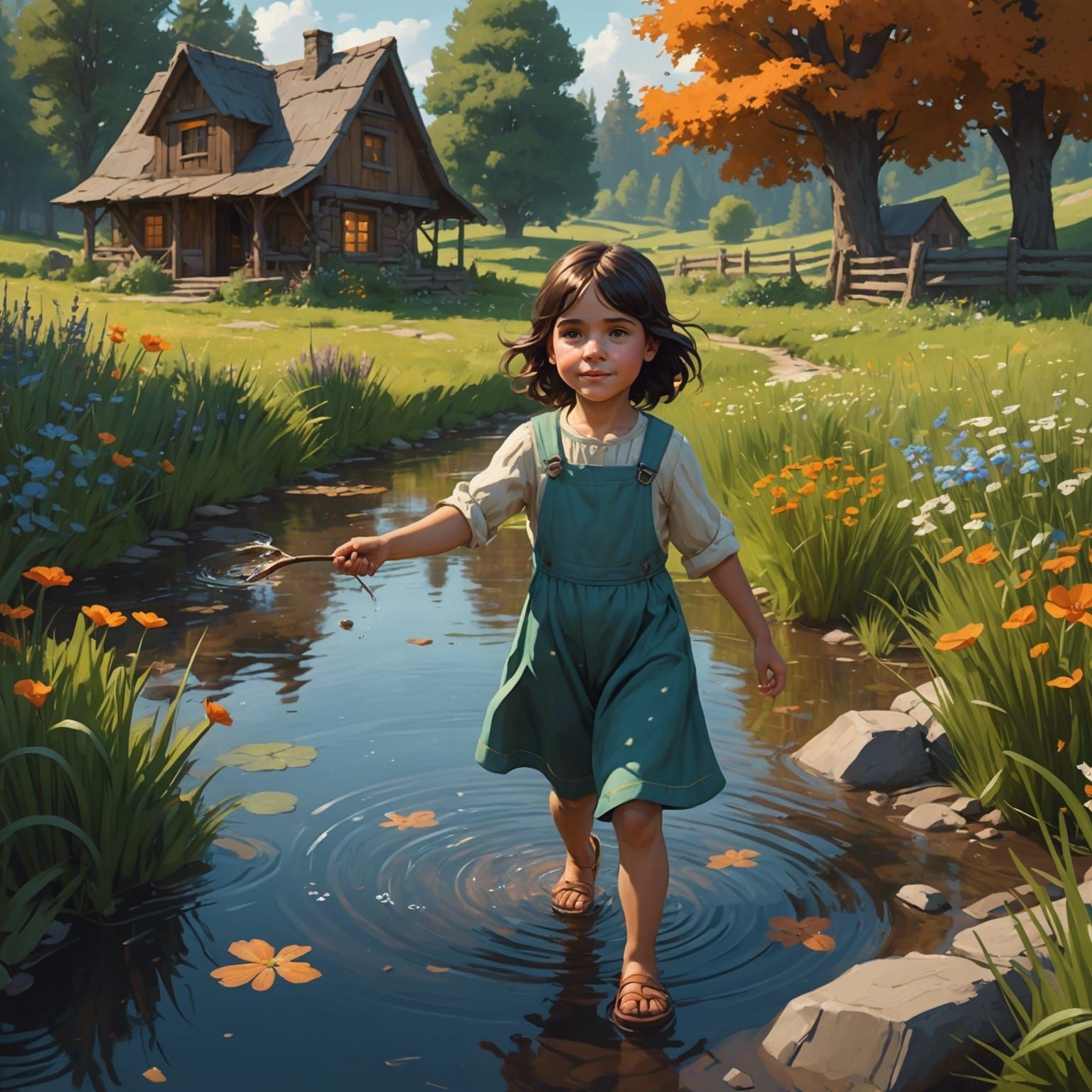 Girl Plays by Stream: Hyperdetailed Concept Art