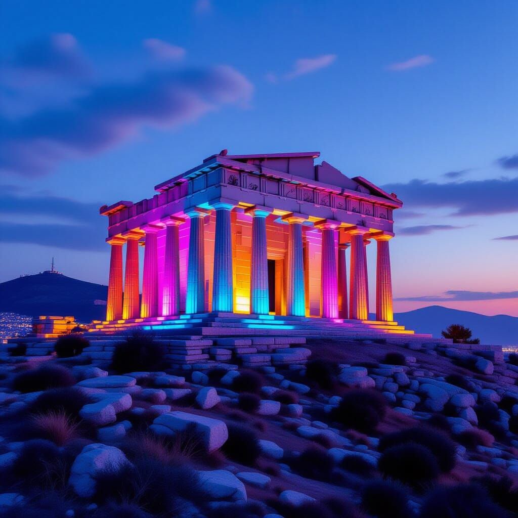 Neon-Lit Ancient Greek Temple on a Hill