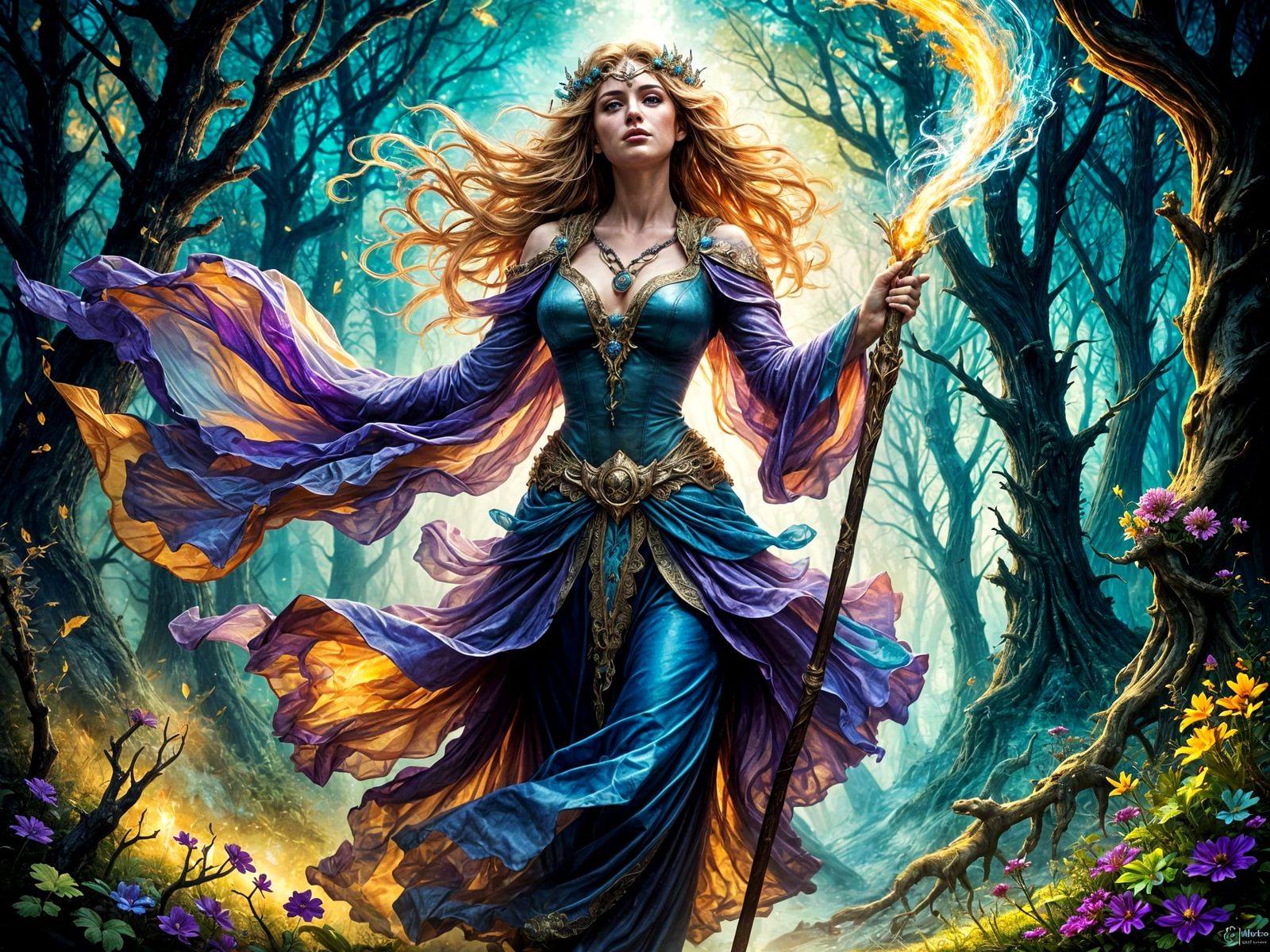 Ethereal Sorceress in Vibrant Mystical Forest