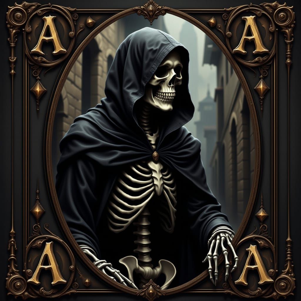 Skeleton in Cloak with Gothic Lettering