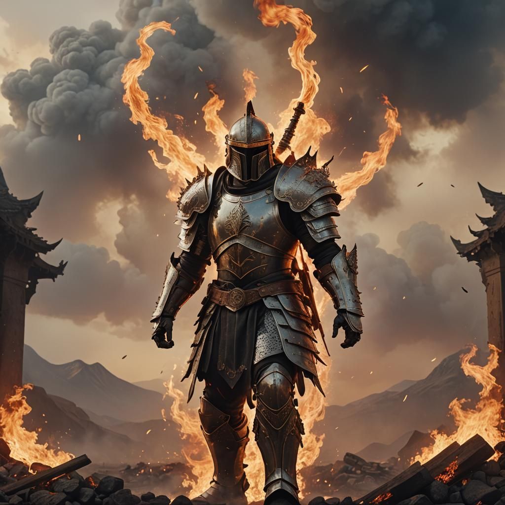 Heroic Warrior in Burning Armor: Cinematic Digital Art