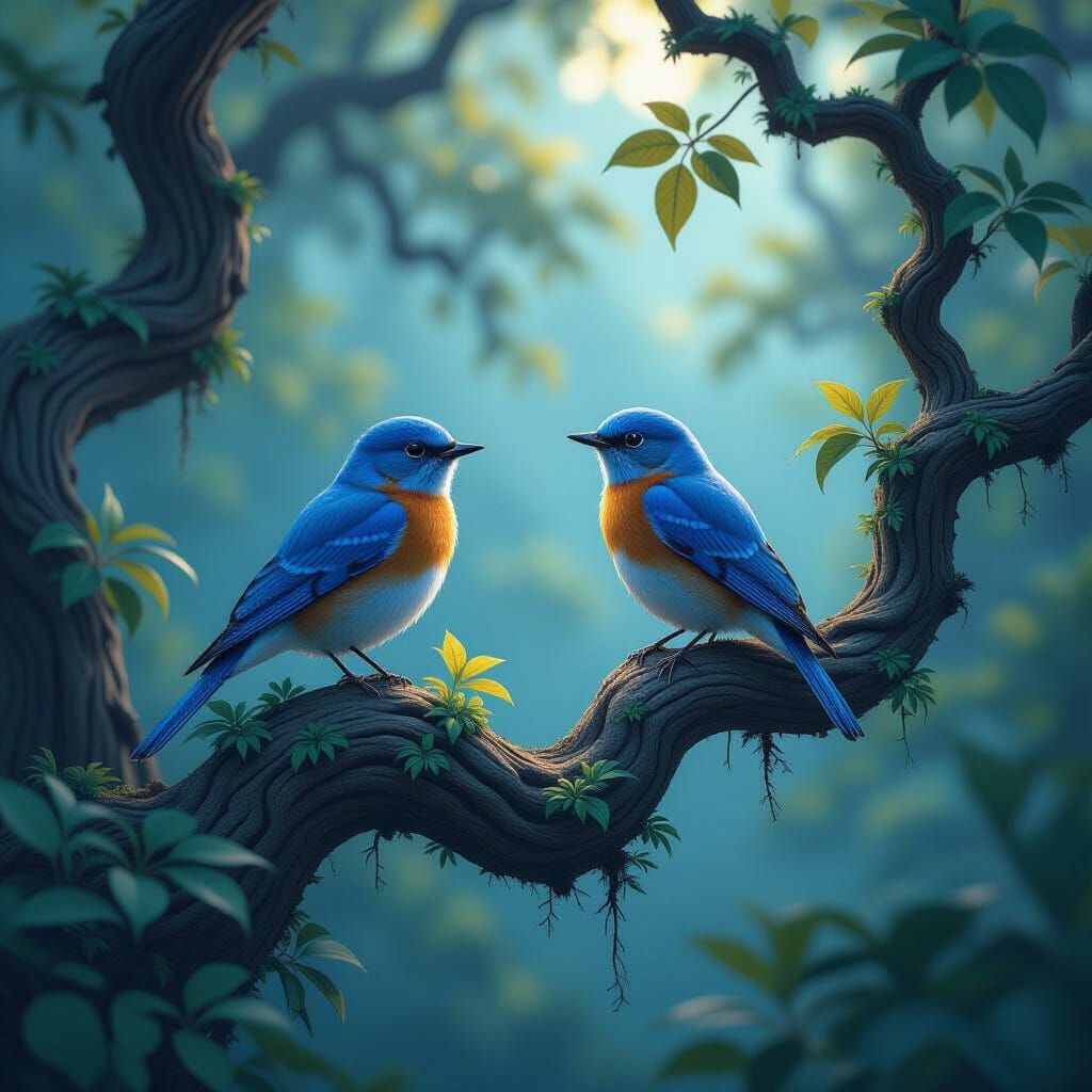 Bluebirds in Mystical Trees: Matte Painting Style