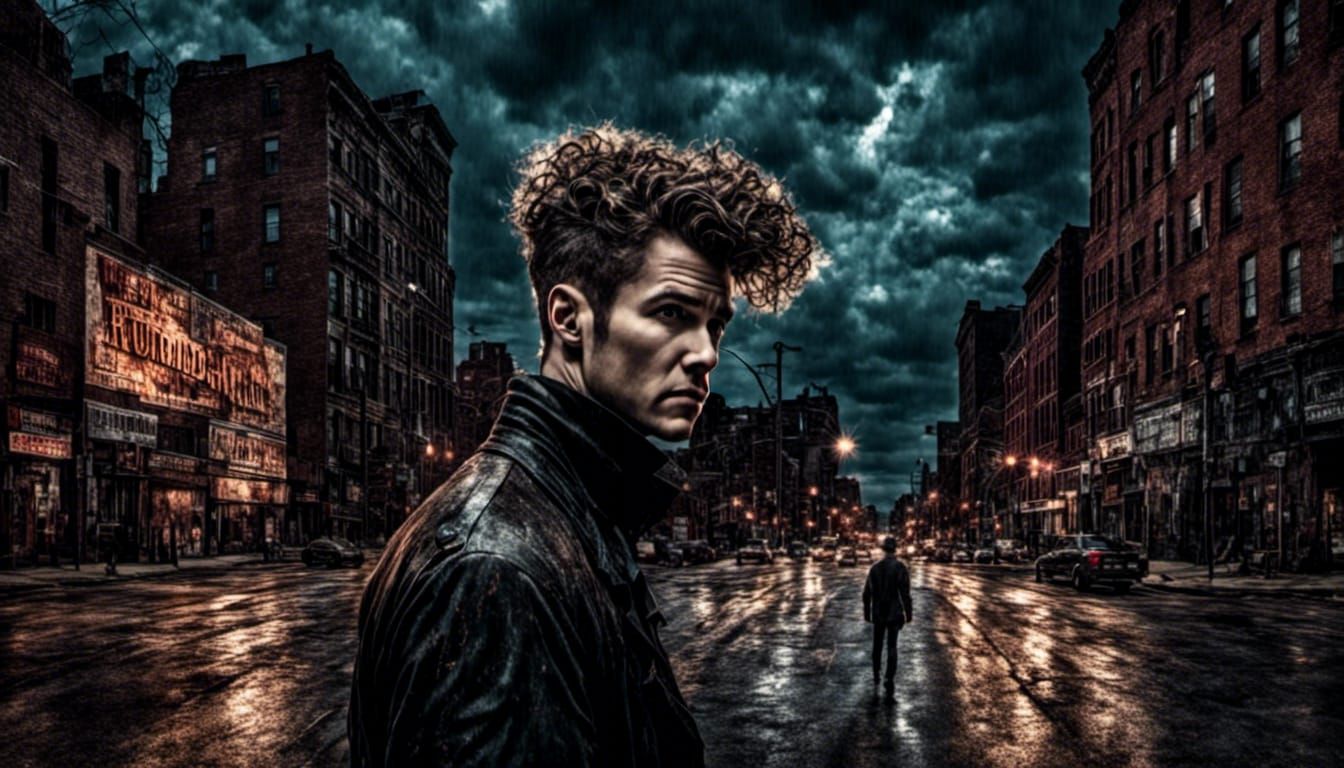 Handsome Man in Neon-Lit Street, Cyberpunk Style