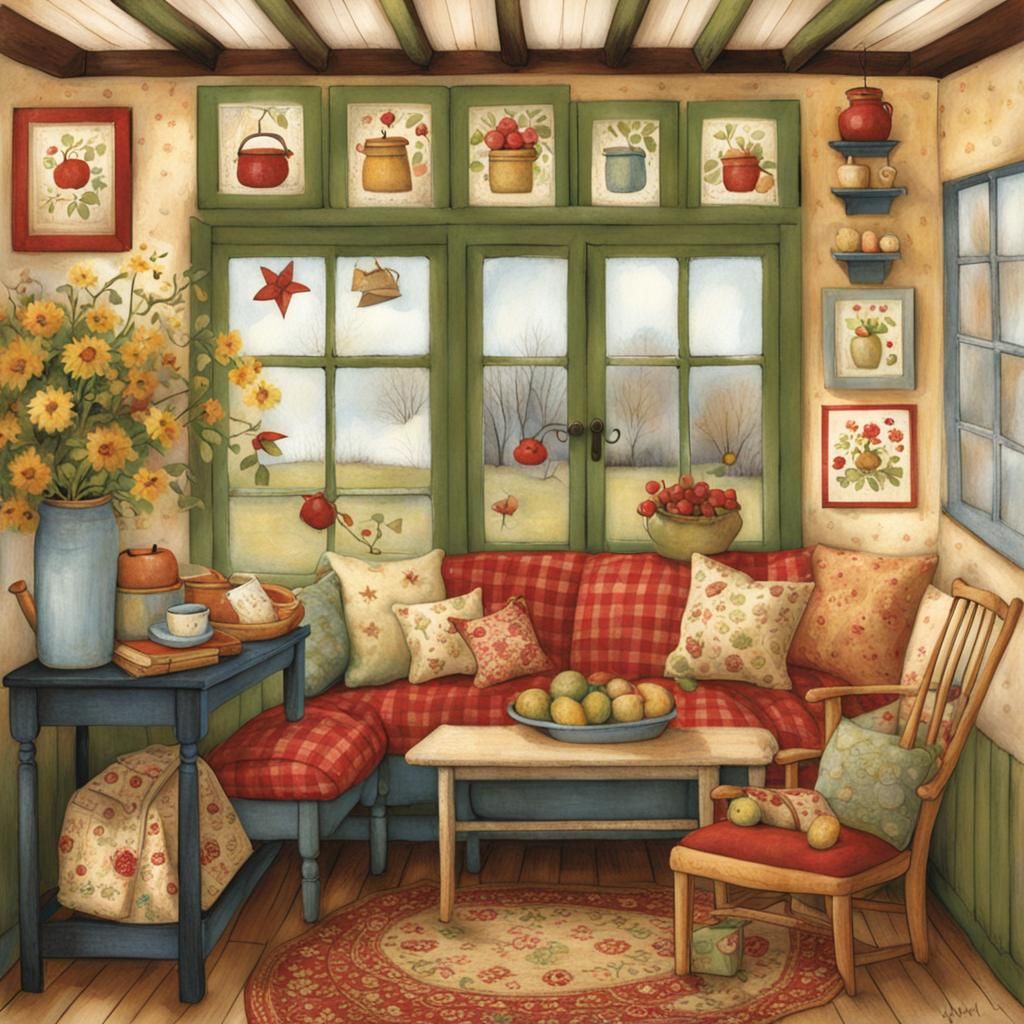 Charming Cozy Home Interior in Naive Art Style