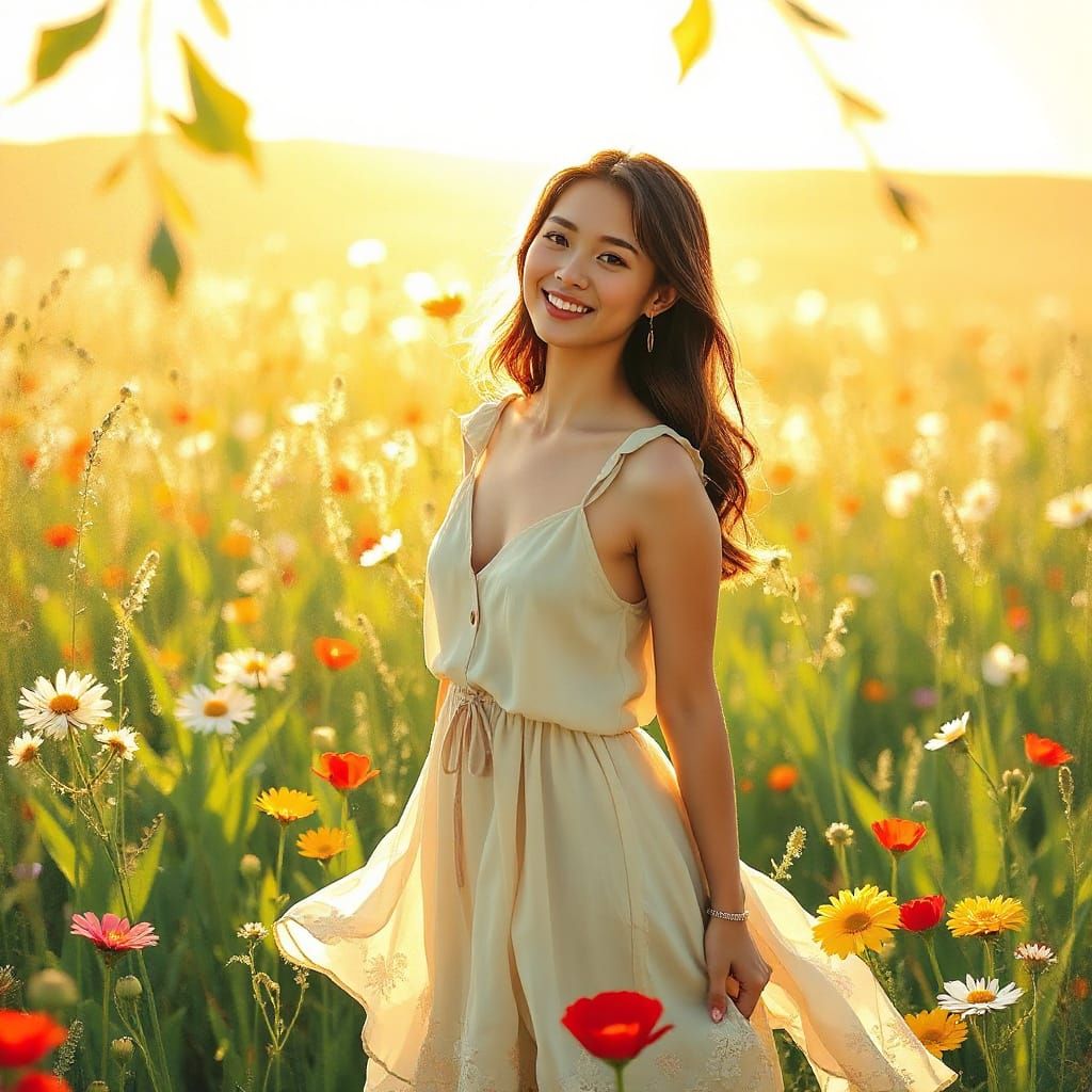 Serene Woman in Wildflower Meadow, Whimsical Art
