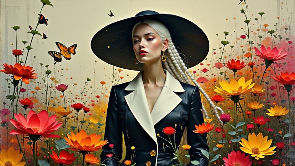 Woman in Black and White Suit Amidst Vibrant Colors