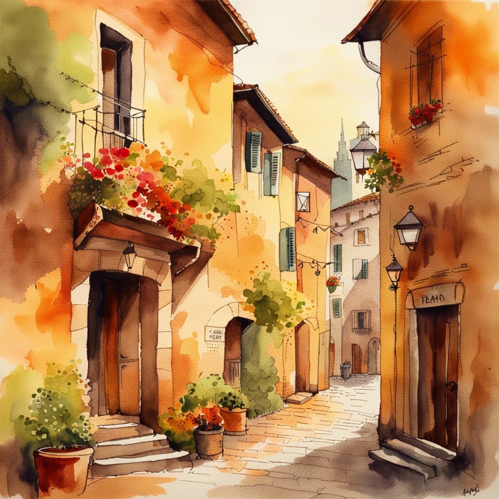 Italian Village Watercolor Painting with Cobblestone Streets