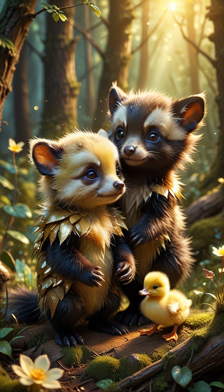 Baby Wolverine and Duckling in Whimsical Forest