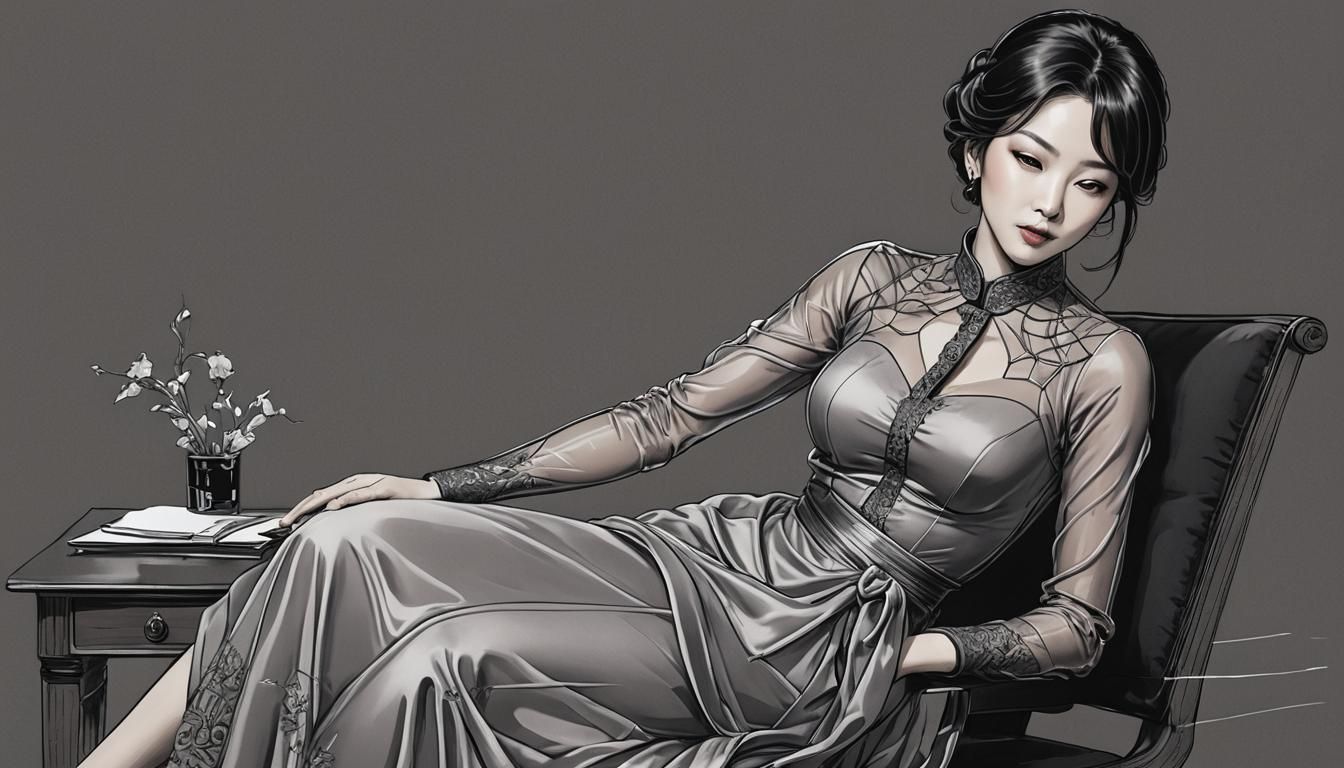 Woman at Desk in Ink Wireframe Style