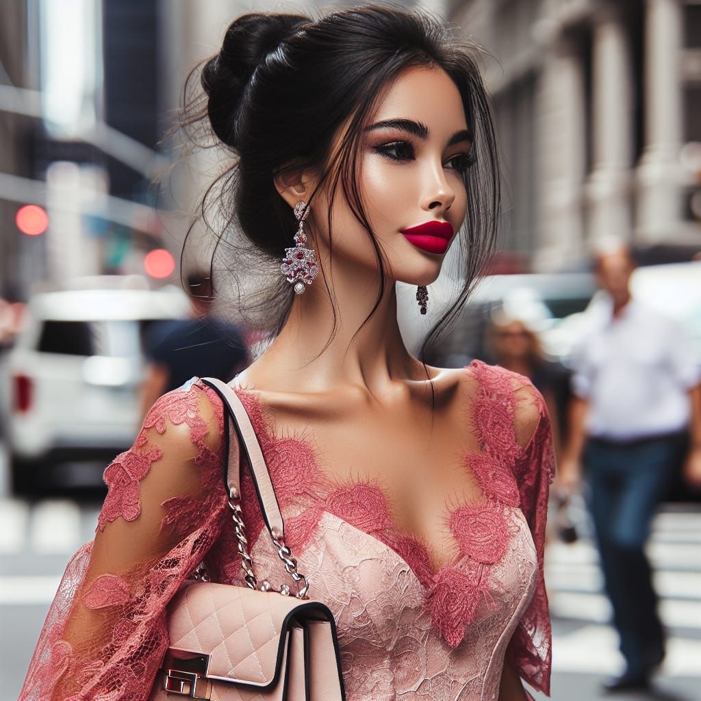 Elegant Hispanic Woman in Pink Lace Dress