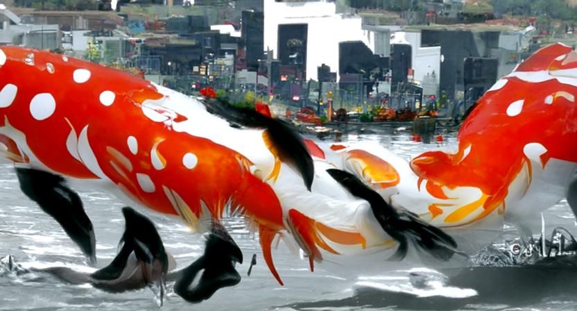 Koi Fish Swim Through Cyberpunk Cityscape