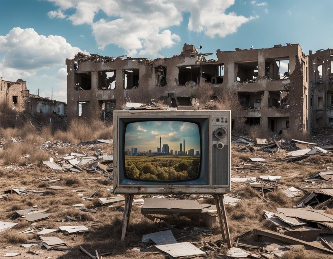 Ruined Building Overlooking Urban Sprawl with Old TV