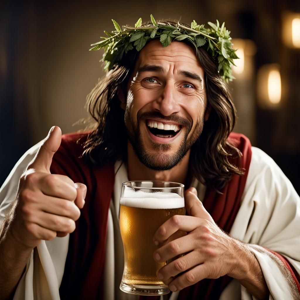 Drunk Jesus Christ Portrait with Joint and Beer