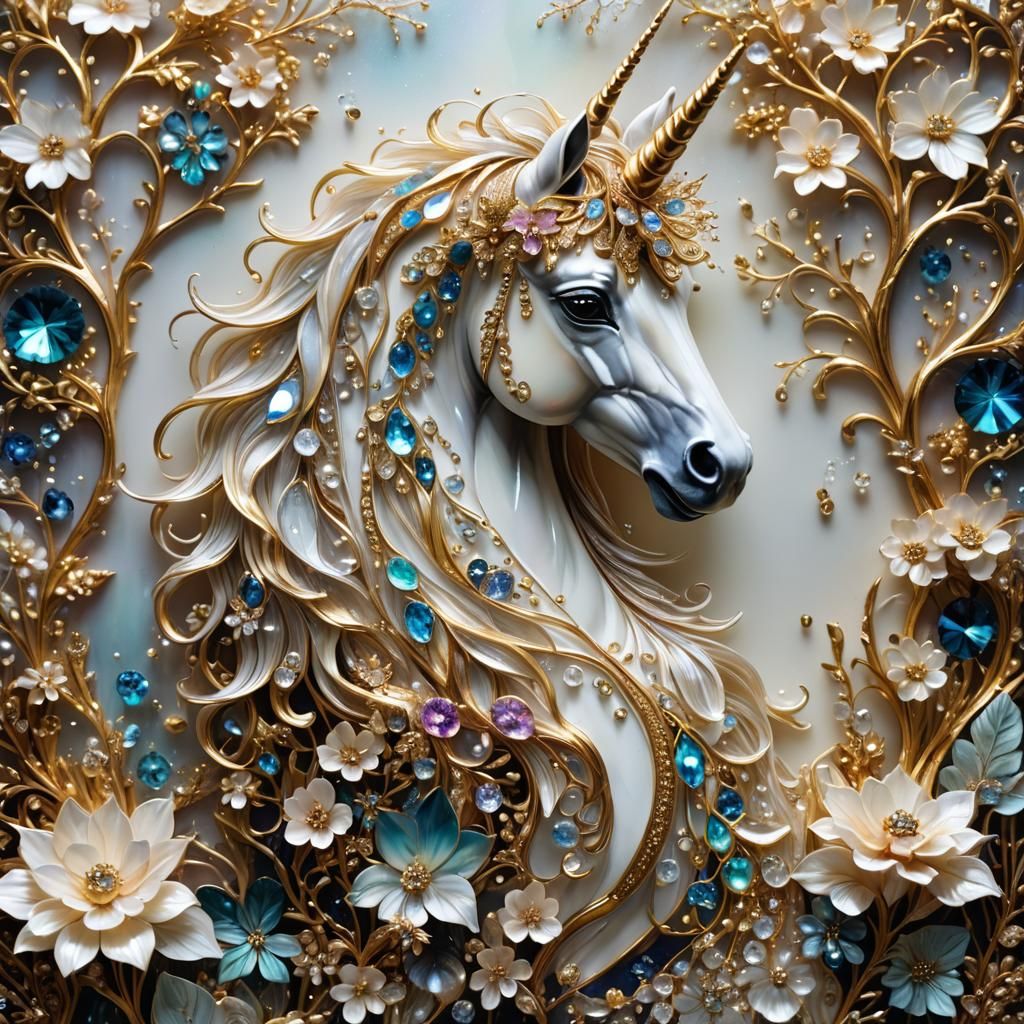 Sparkling Crystal Unicorn with Iridescent Floral Elements