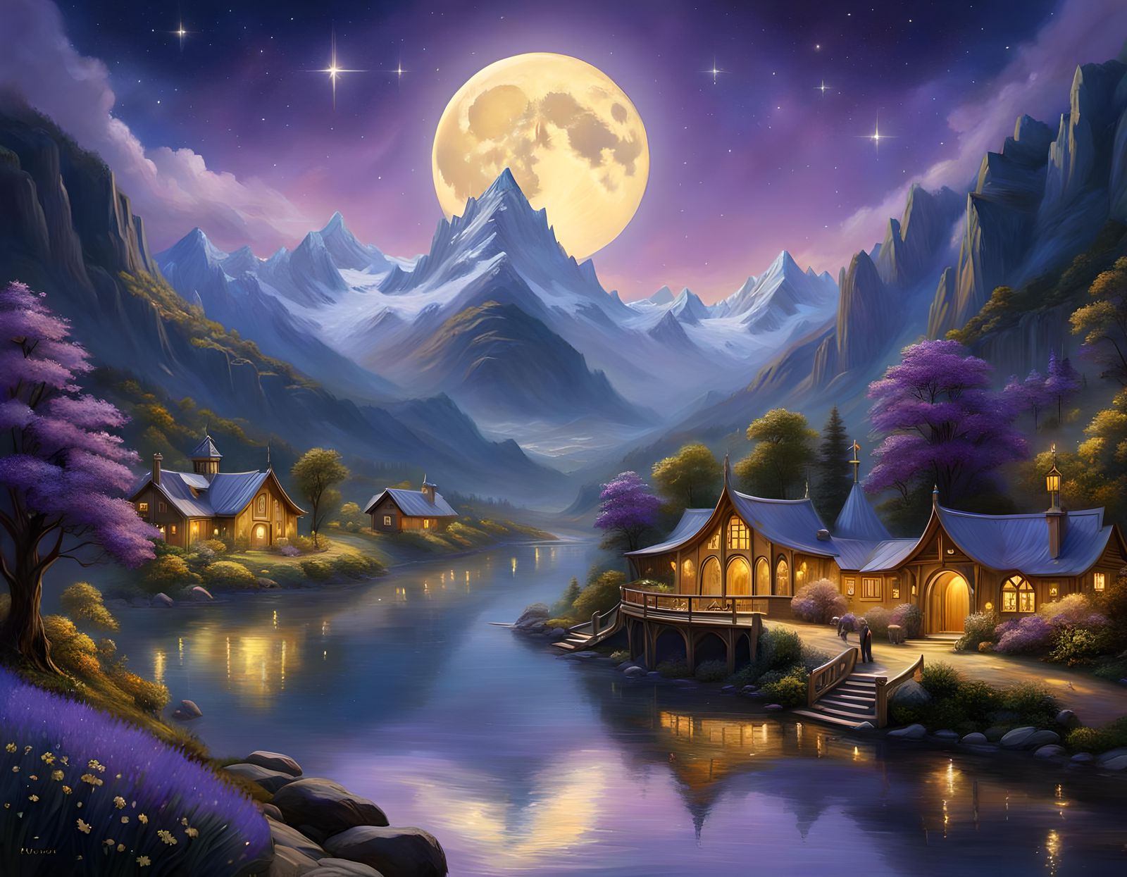 Rivendell Valley Under Twilight Supermoon as Impasto Paintin...