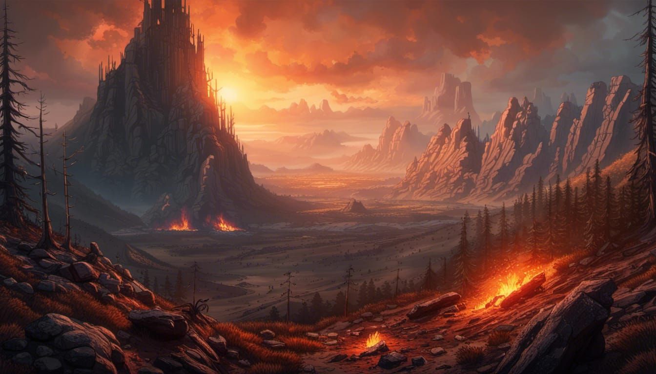Detailed Fiery Post-Apocalyptic Mountain Landscape in Unreal...