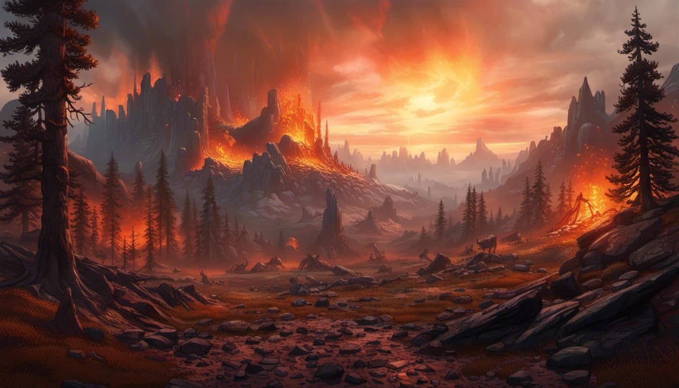 Apocalyptic Fire Landscape in Hyper-Realistic Digital Art