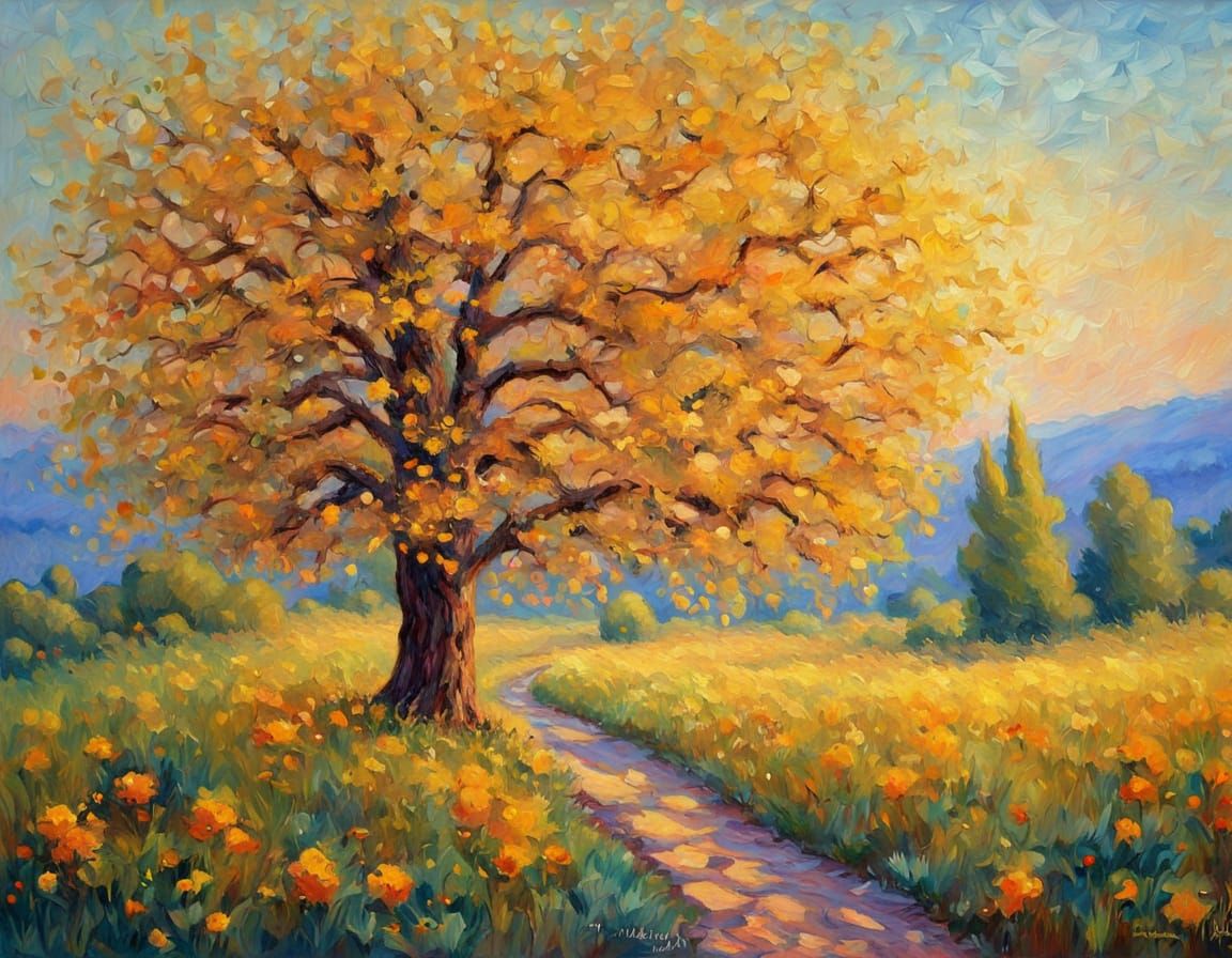 Golden Apple Tree in Impressionist Style