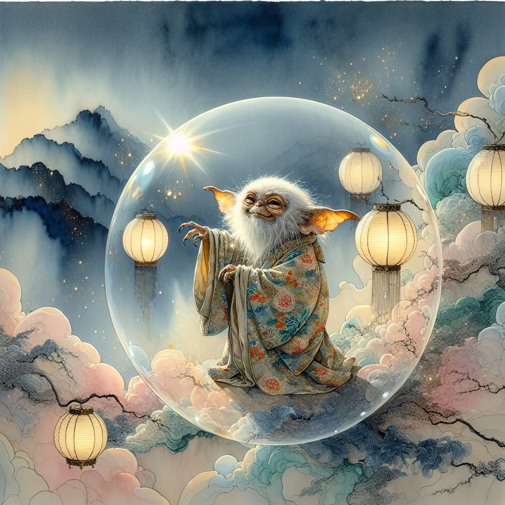 Gremlin Travels in Bubble, Ukiyo-e Inspired Art