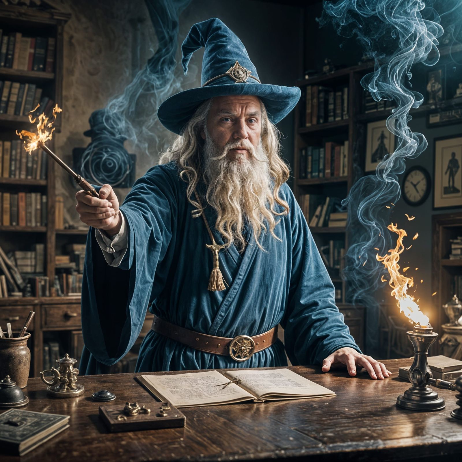 Wizard Teacher Points Wand in Cinematic Style