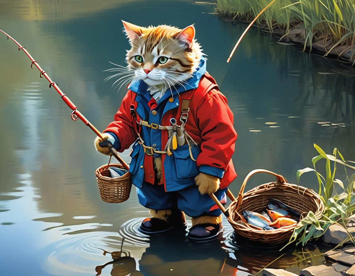 Anthropomorphic Cat Fishing, Rembrandt-Inspired