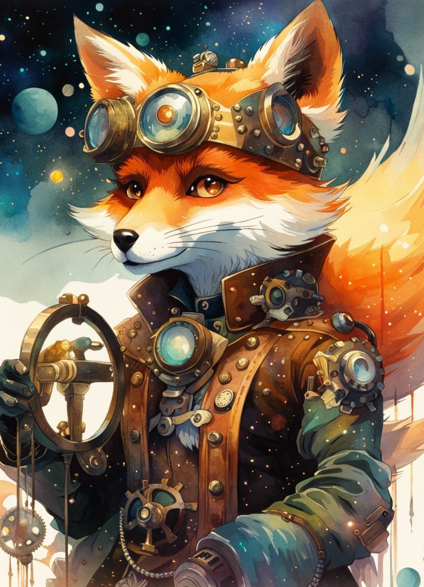 Steampunk Space Pirate Fox in Watercolor Style