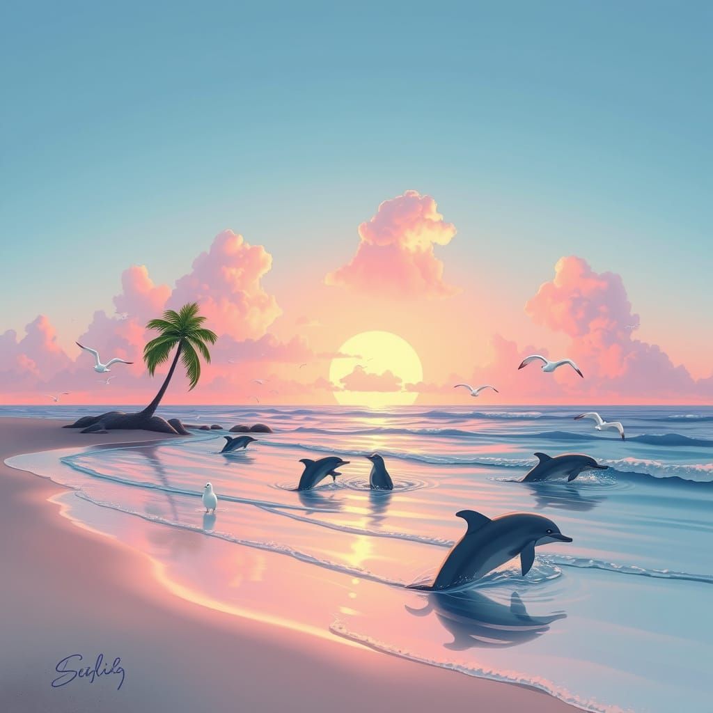 Serene Sunrise Beach Scene with Dolphins and Seals