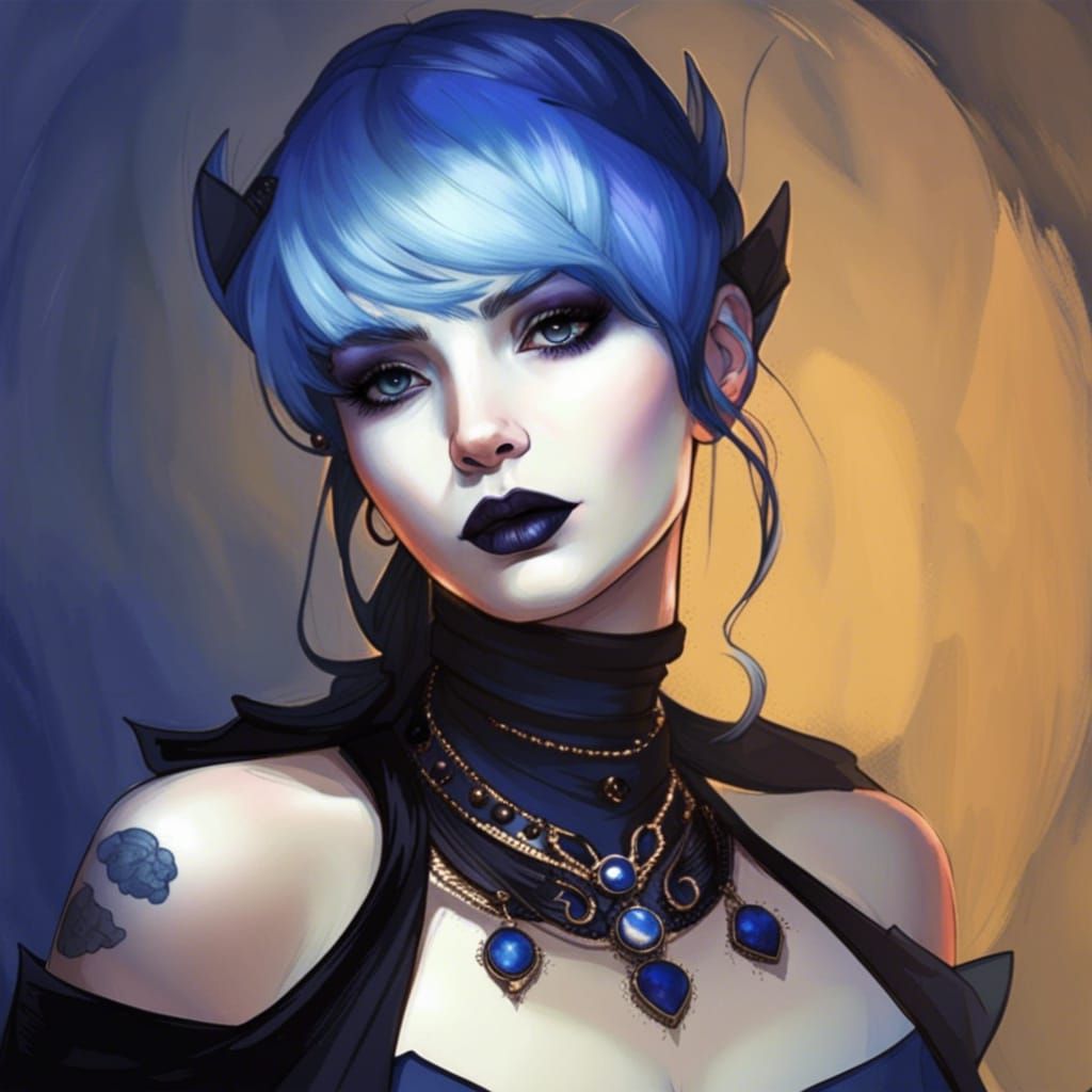 Ethereal gothic young lady with indigo hair and indigo eyeshadow and Black eyeliner and Black lipstick