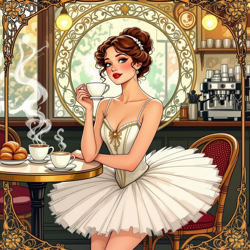 Ballerina Poses in Coffee Shop, Art Nouveau Style