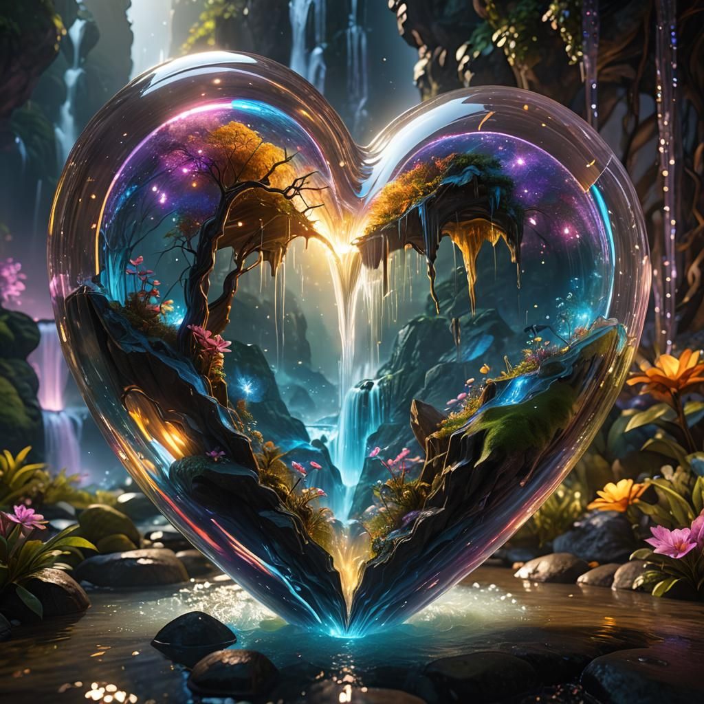 Waterfall Landscape Inside Glass Heart in Fantasy Style
