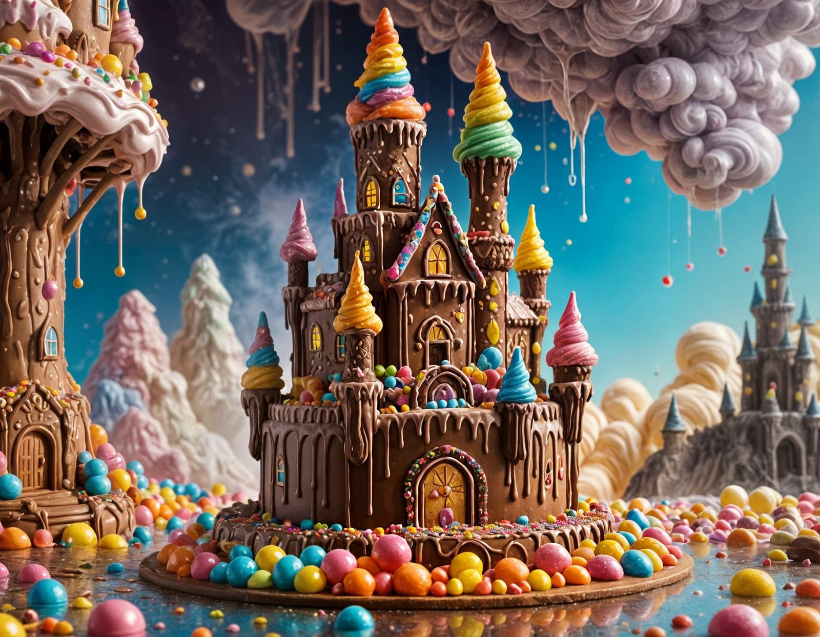 Whimsical Gingerbread Castle with Rainbow Chocolate Cream