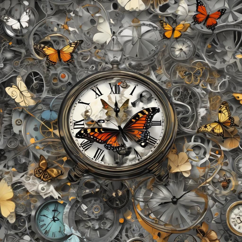Surreal Butterfly and Clock in Dreamscape, Watercolor Textur...