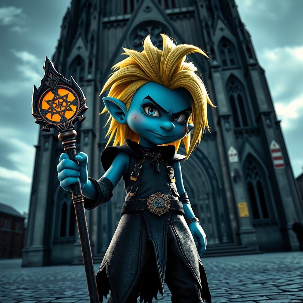 Rebel Smurf in Gothic Cathedral, Dark Fantasy Style