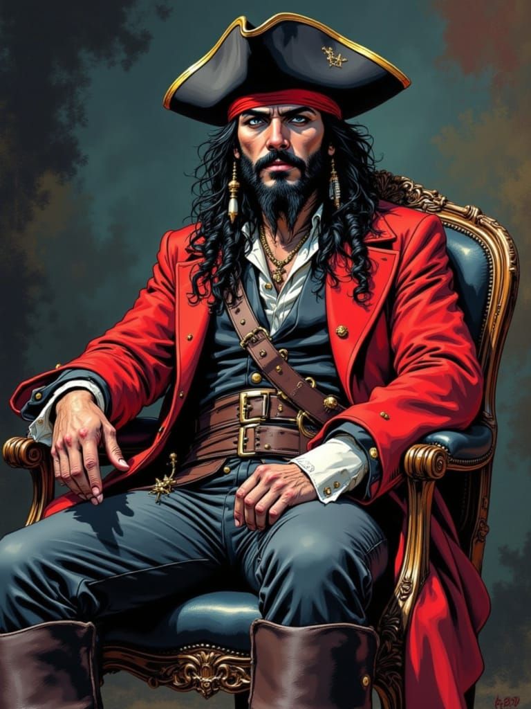 Blackbeard in Tricorner Cap with Cutlass on Throne
