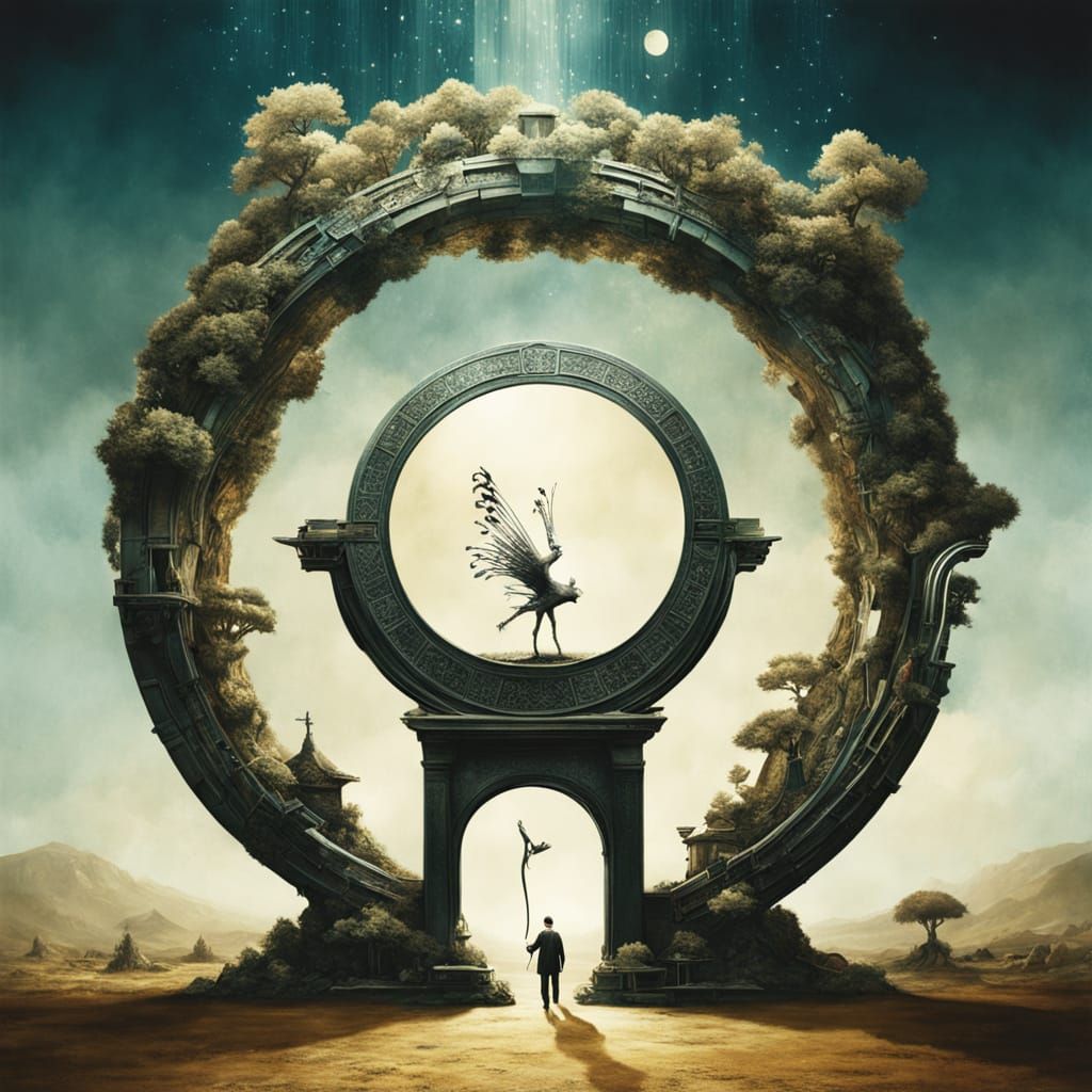 Surreal Stargate Portal With Bonsai Village in Oil Painting