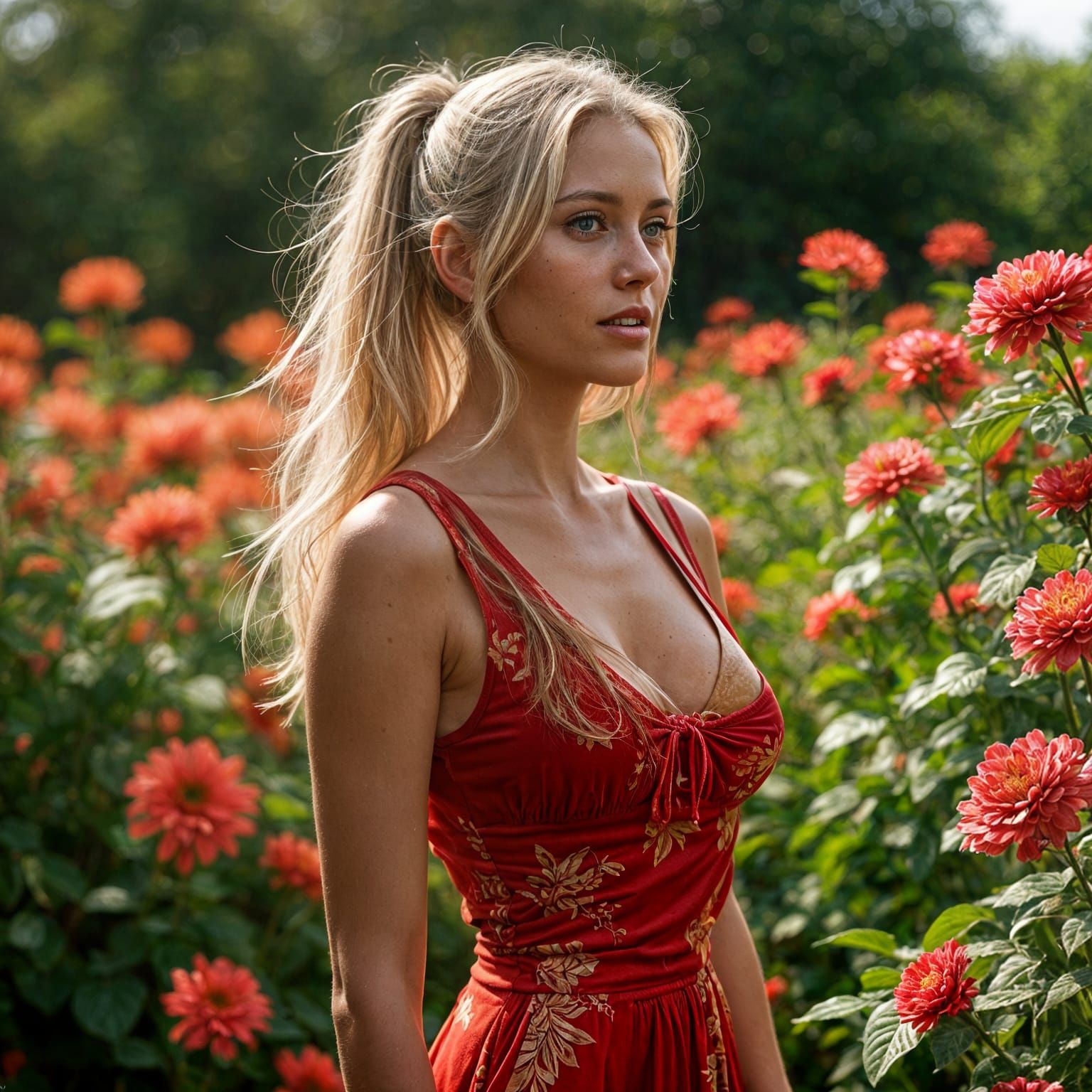 Blonde Woman in Red Dress Enjoys Sunny Garden