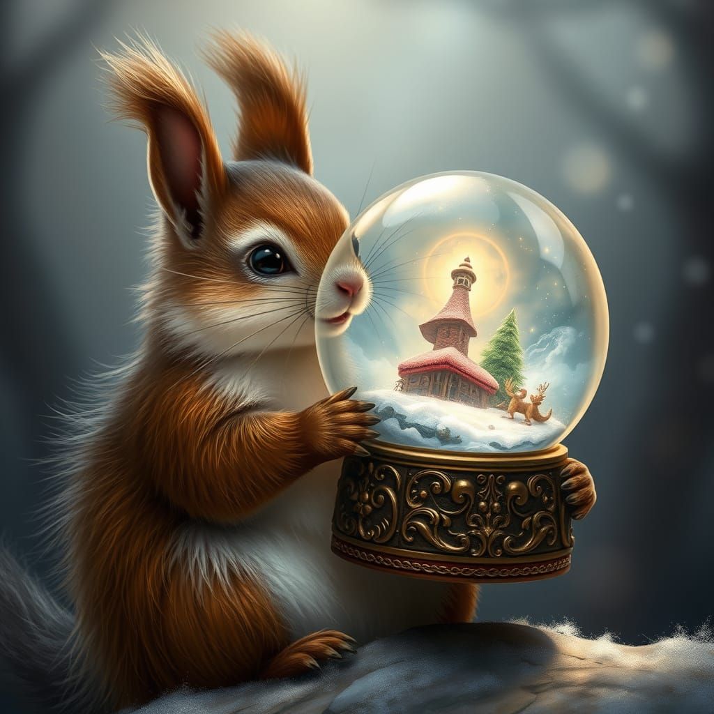 Squirrel with Magical Snow Globe: Fantasy Realism