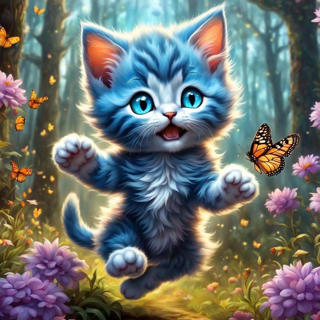 Cartoon Kitten Chasing Butterflies in Enchanted Forest