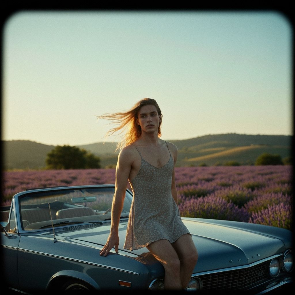 Cross-Dressed Man Poses on Classic Car in Lavender Field