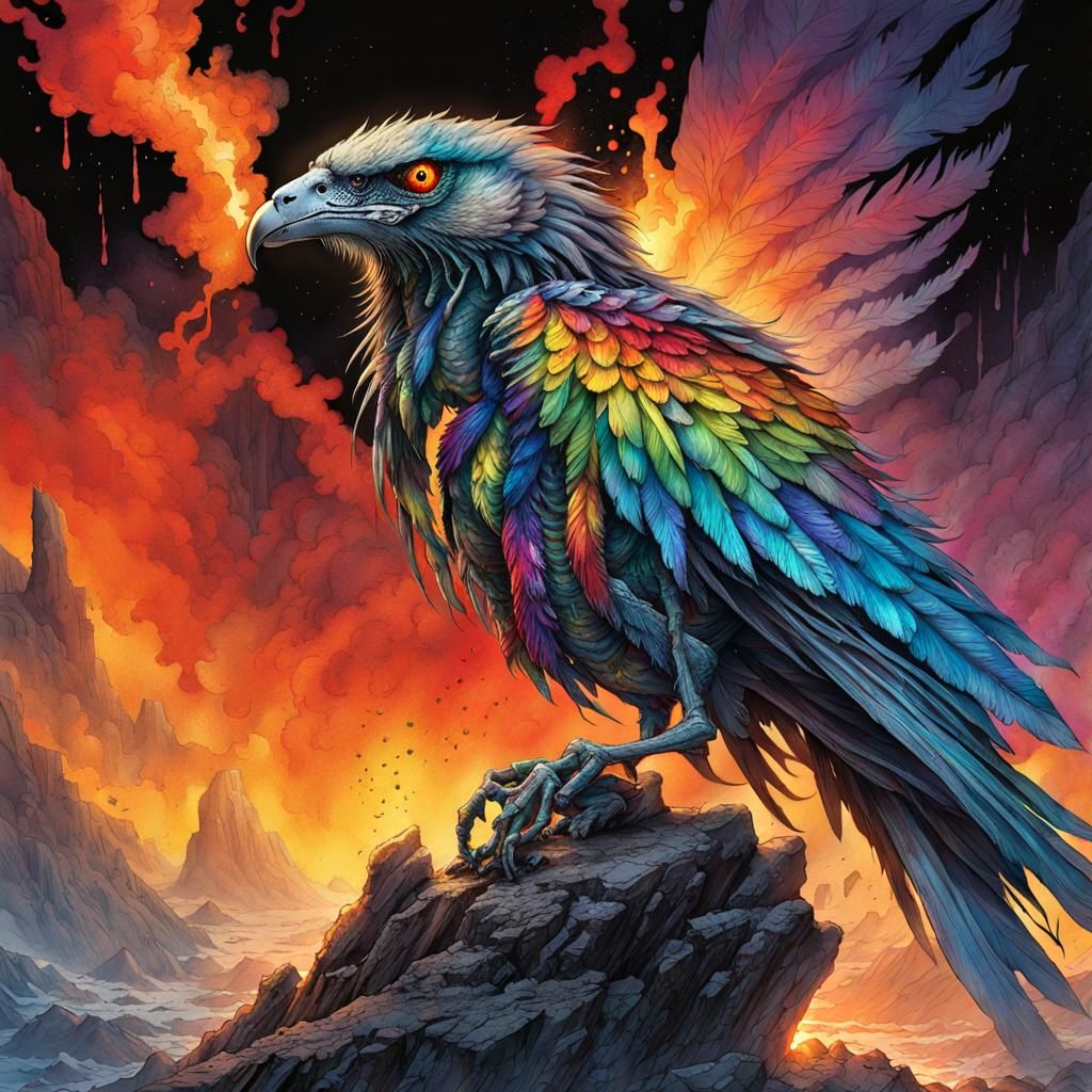 Lava Bird Skeleton with Rainbow Feathers Watercolor