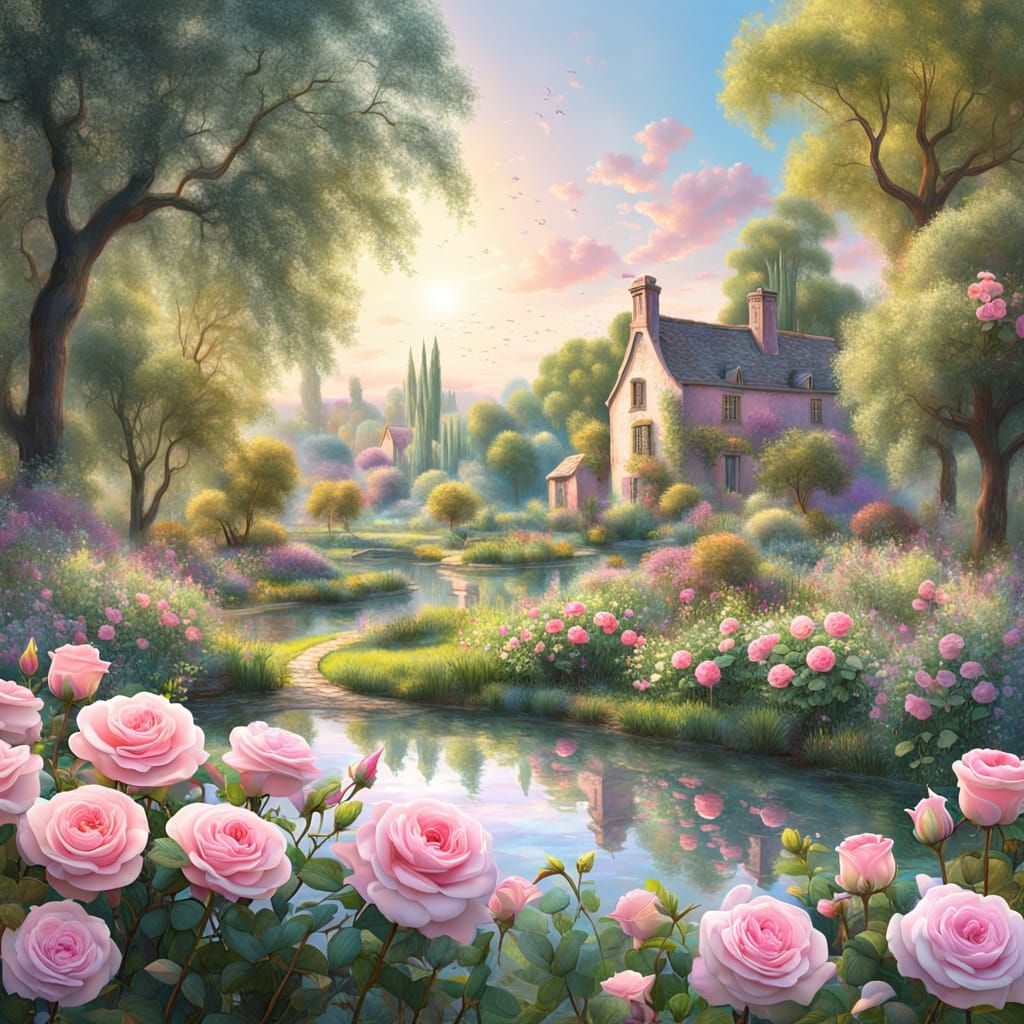 Elegant Pink Roses in Rural English Garden