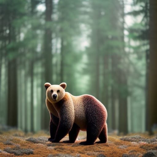 Origami Brown Bear in Pine Forest Papercraft