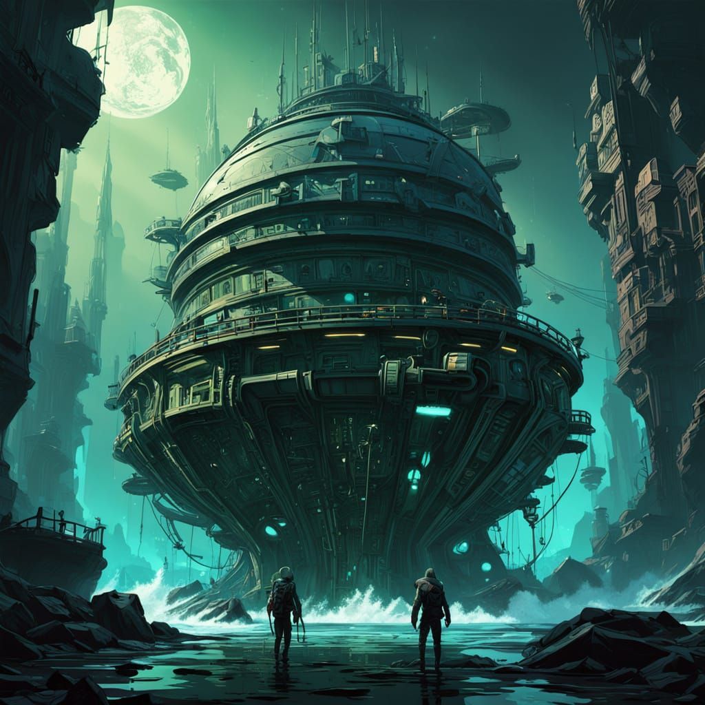 Cyberpunk Biomechanical Vessel in Turbulent Waves