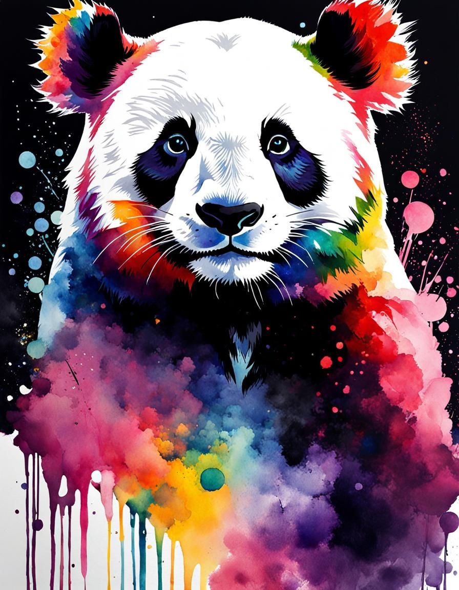 Rainbow Panda Portrait in Watercolor Style