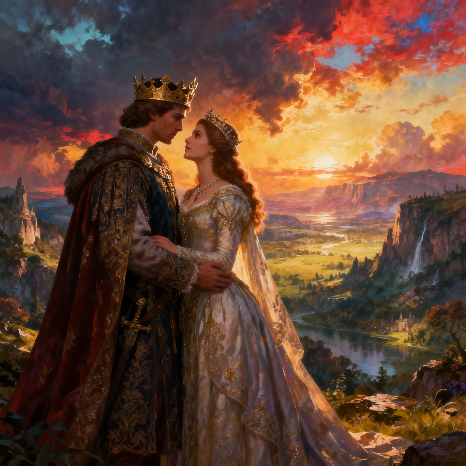 King and Queen's Intimate Love in Majestic Landscape