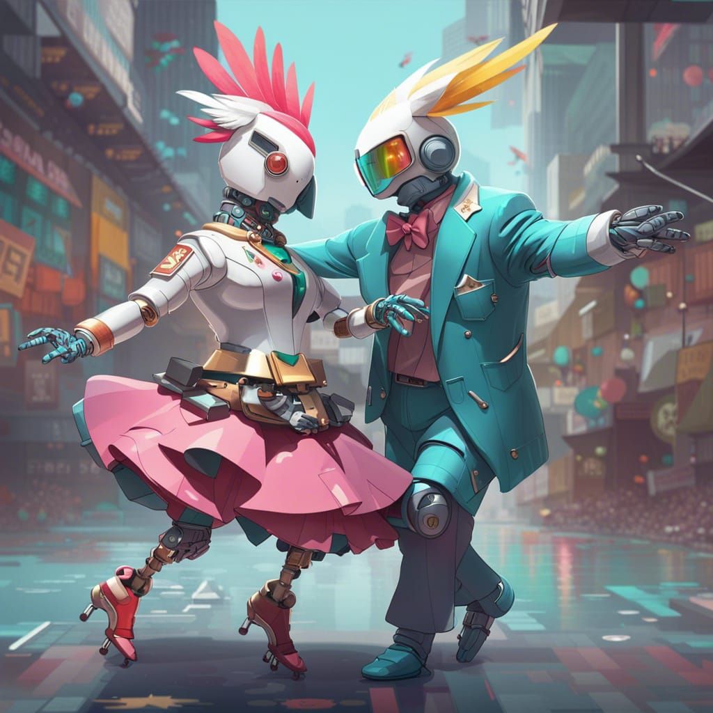 Cockatoo Robot Couple Swing Dancing in Retrofuturistic Style