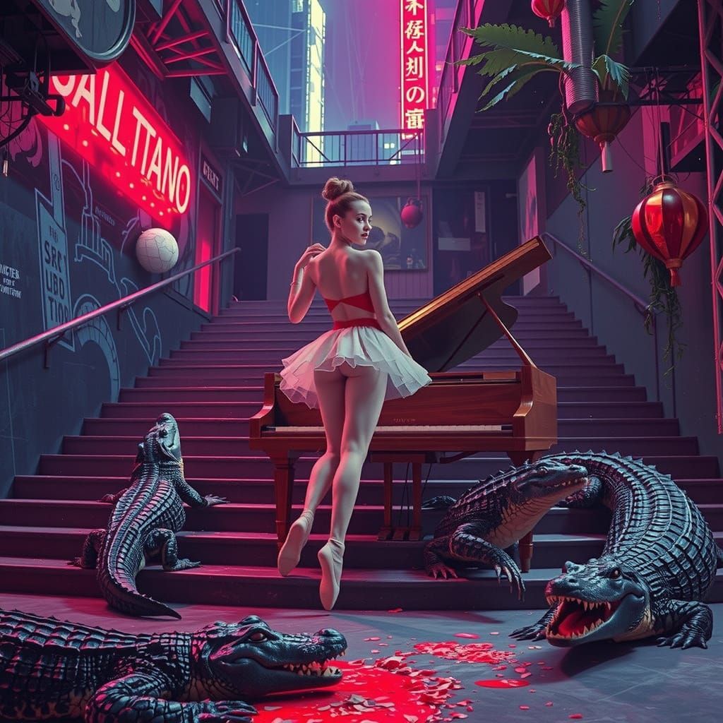 Ethereal Ballerina's Crocodilian Transformation in Hyperreal...