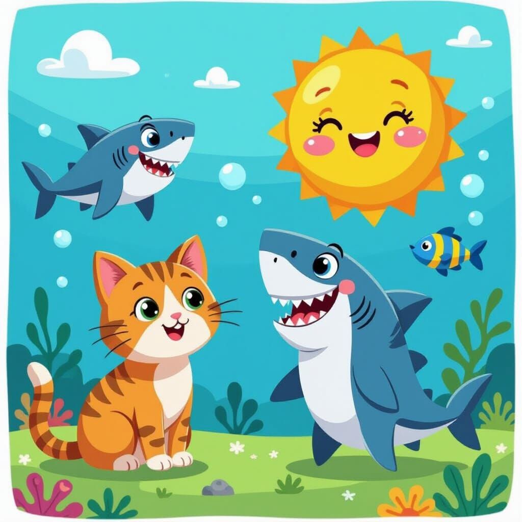 Cartoon Cat Surrounded by Sharks and Sun